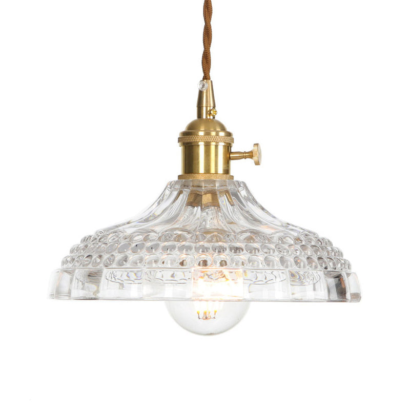 Industrial Clear Glass Saucer/Dome/Prismatic Brass Ceiling Pendant Light For Living Room