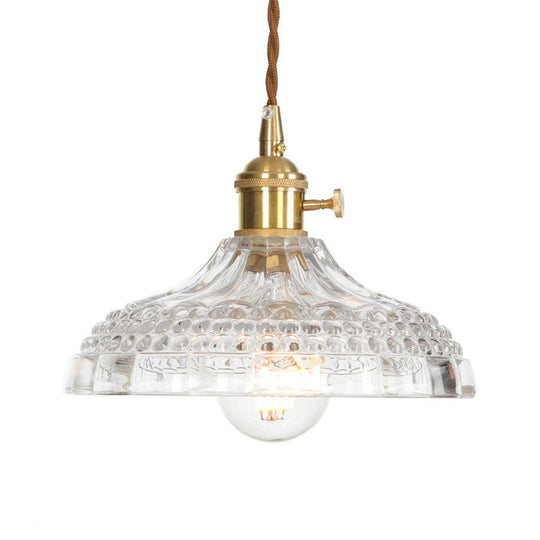 Industrial Clear Glass Saucer/Dome/Prismatic Brass Ceiling Pendant Light For Living Room