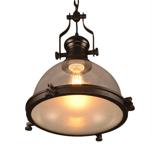 Industrial 1-Light Dome Pendant Ceiling Light Fixture with Clear Glass and Trim Ring - Black