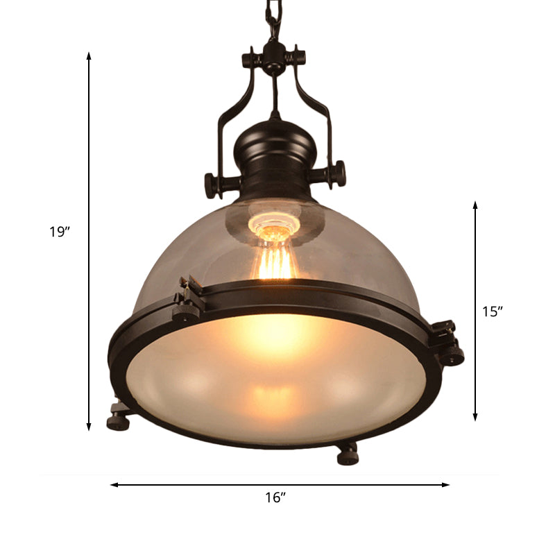 Industrial 1-Light Dome Pendant Ceiling Light Fixture with Clear Glass and Trim Ring - Black