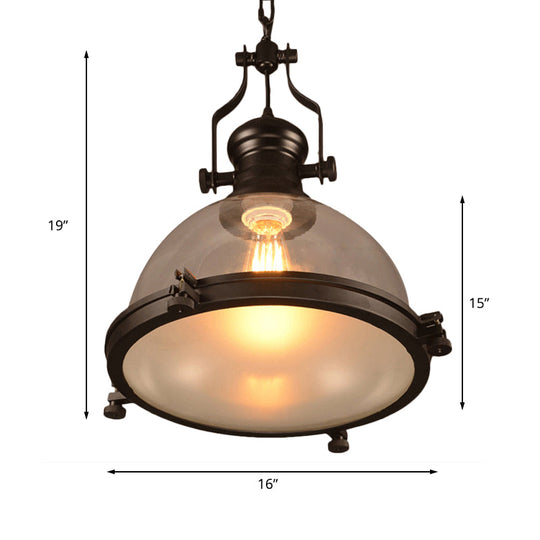 Industrial 1-Light Dome Pendant Ceiling Light Fixture with Clear Glass and Trim Ring - Black