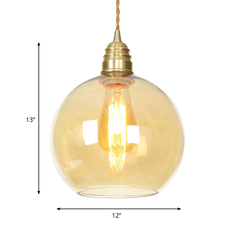 Amber Glass Pendant Lighting - Industrial Global Ceiling Light In Brass (8 /10 /12 Wide)