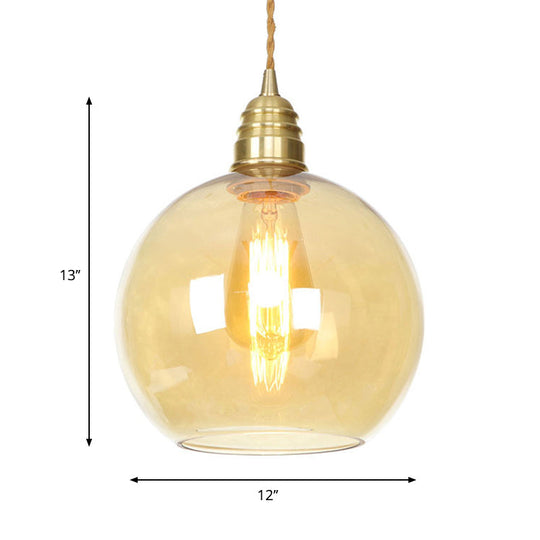 Amber Glass Pendant Lighting - Industrial Global Ceiling Light In Brass (8 /10 /12 Wide)