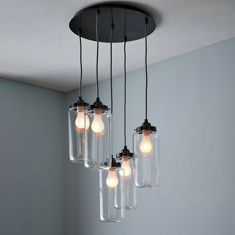 Industrial Clear Glass 5-Light Pendant Ceiling Light With Black Cylinder Design For Coffee Shops