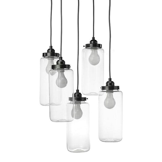 Industrial Clear Glass 5-Light Black Cylinder Multi Pendant Ceiling Light for Coffee Shops