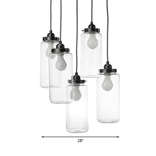 Industrial Clear Glass 5-Light Black Cylinder Multi Pendant Ceiling Light for Coffee Shops