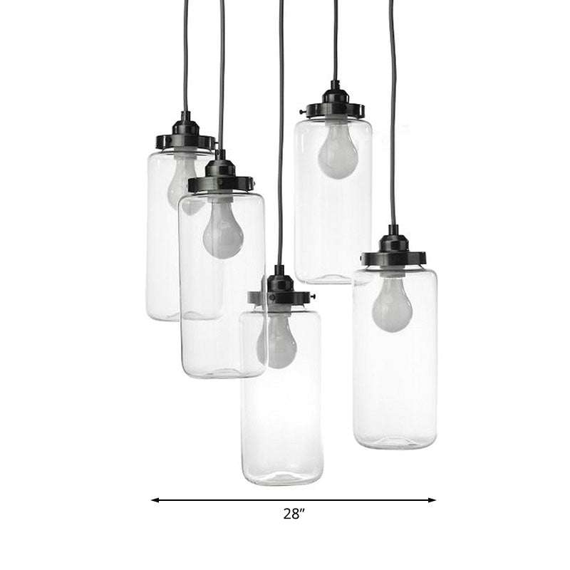 Industrial Clear Glass 5-Light Pendant Ceiling Light With Black Cylinder Design For Coffee Shops