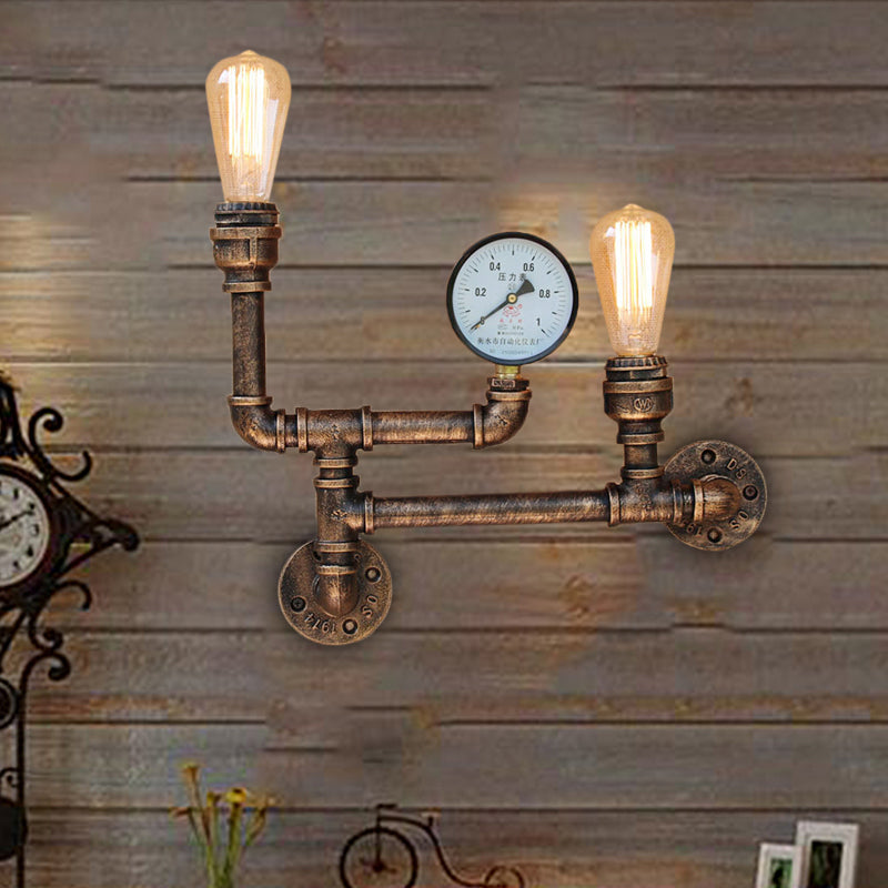 Vintage Antique Brass Iron Wall Mount Lamp With Exposed Bulb And Pressure Gauge - 2 Lights