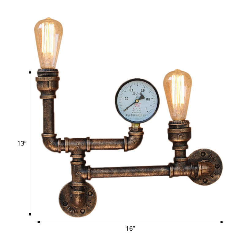 Vintage Antique Brass Iron Wall Mount Lamp With Exposed Bulb And Pressure Gauge - 2 Lights