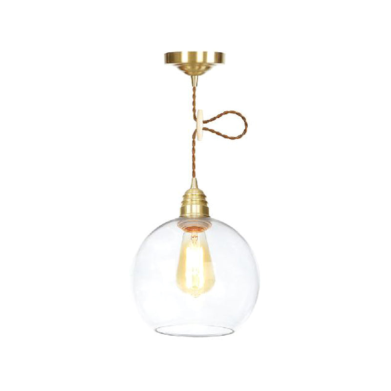 Industrial Globe Pendant Lighting - 1 Light, Clear Glass Hanging Lamp in Brass - 8"/10"/12" Wide