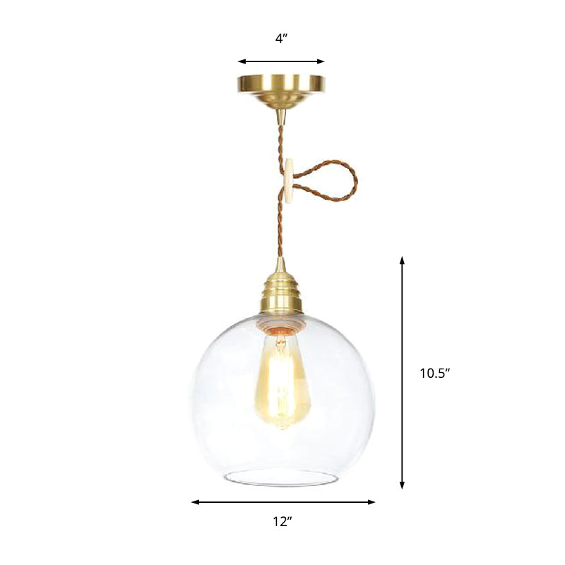 Industrial Globe Pendant Lighting - 1 Light, Clear Glass Hanging Lamp in Brass - 8"/10"/12" Wide