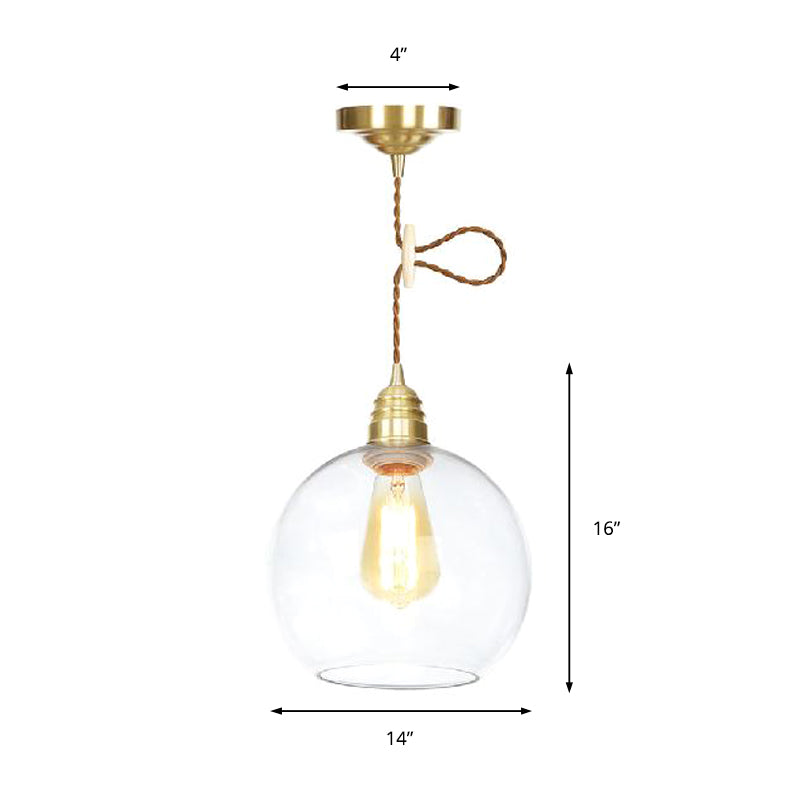 Industrial Globe Pendant Lighting - 1 Light, Clear Glass Hanging Lamp in Brass - 8"/10"/12" Wide