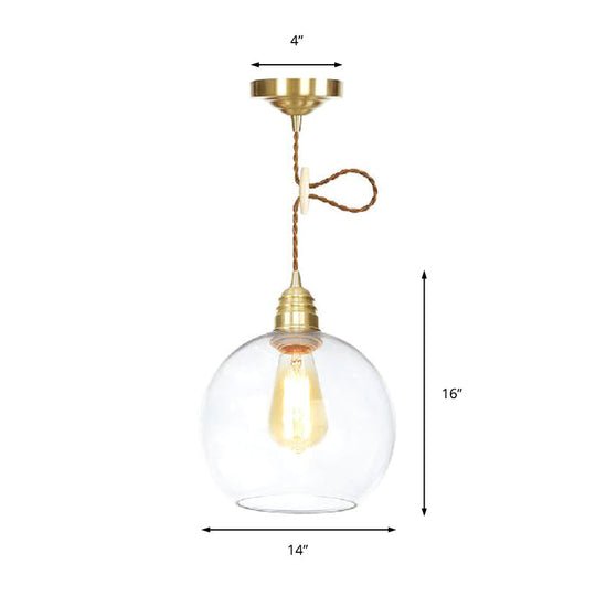 Industrial Globe Pendant Lighting - 1 Light, Clear Glass Hanging Lamp in Brass - 8"/10"/12" Wide