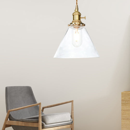 Farmhouse Brass Pendant Ceiling Light Fixture - Clear/Amber Glass Cone, 1-Light for Living Room