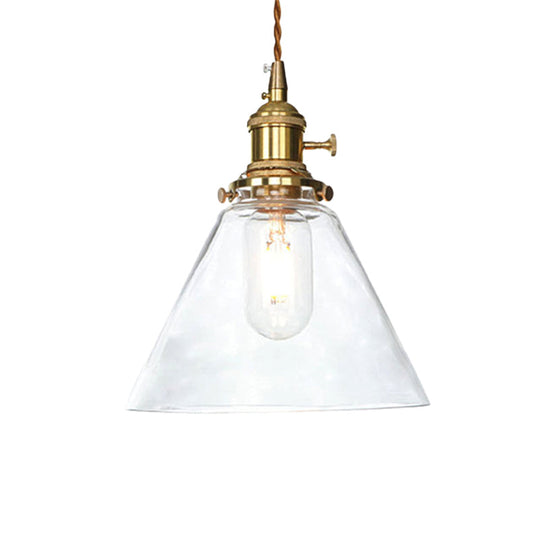 Farmhouse Brass Pendant Ceiling Light Fixture - Clear/Amber Glass Cone, 1-Light for Living Room