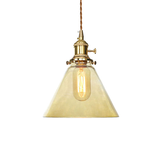 Farmhouse Brass Pendant Ceiling Light Fixture - Clear/Amber Glass Cone, 1-Light for Living Room