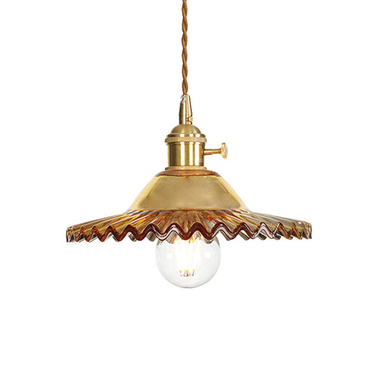 Industrial Scalloped Rose Gold Pendant Light with Amber Glass for Living Room Ceiling