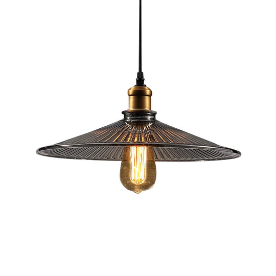 Farmhouse Brass Cone Pendant Ceiling Light with Ribbed Glass - Living Room Hanging Lamp (1 Light)