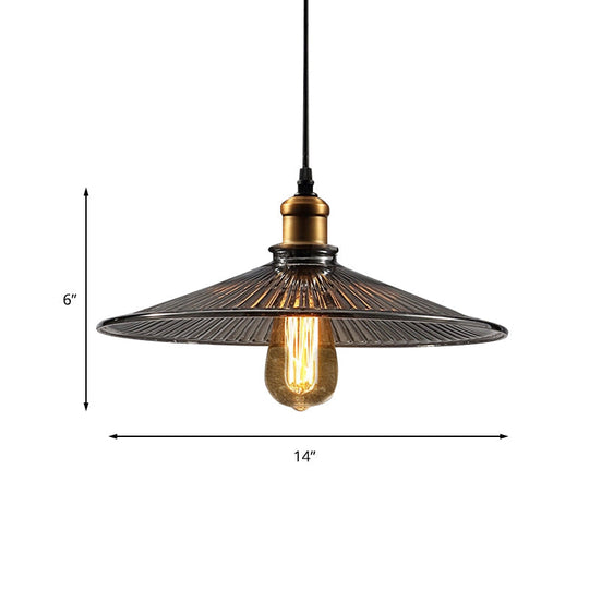 Farmhouse Brass Cone Pendant Ceiling Light with Ribbed Glass - Living Room Hanging Lamp (1 Light)