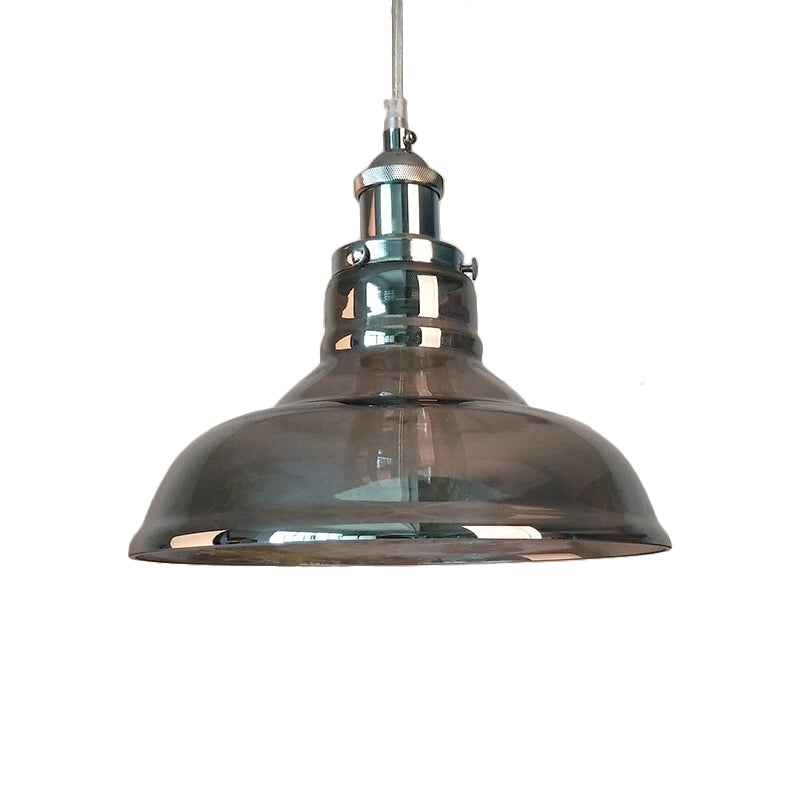 1-Light Smoked Glass Cone Pendant Lamp In Chrome - Industrial Barn Hanging Fixture