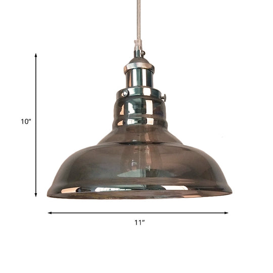 1-Light Smoked Glass Cone Pendant Lamp In Chrome - Industrial Barn Hanging Fixture