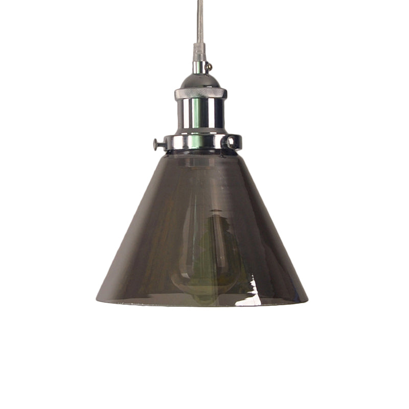 1-Light Smoked Glass Cone Pendant Lamp In Chrome - Industrial Barn Hanging Fixture