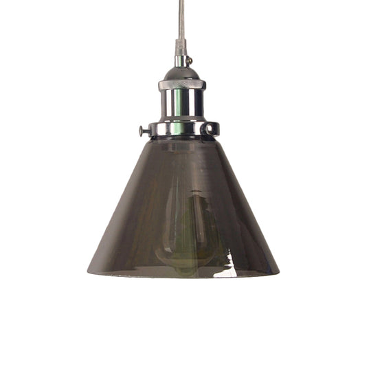 1-Light Smoked Glass Cone Pendant Lamp In Chrome - Industrial Barn Hanging Fixture