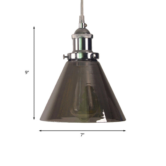 1-Light Smoked Glass Cone Pendant Lamp In Chrome - Industrial Barn Hanging Fixture