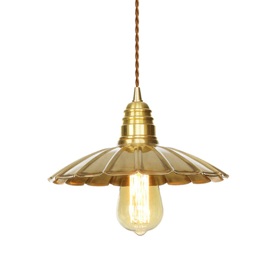 Mid-Century Brass Dining Table Pendant Light - 9.5/8 W 1 Bulb Amber Glass Shade