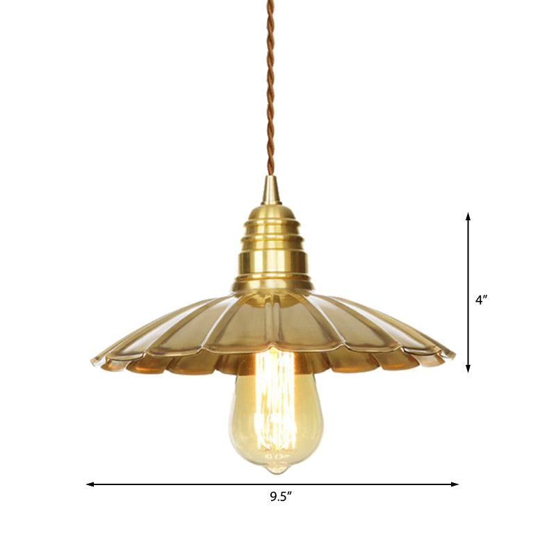 Mid-Century Brass Dining Table Pendant Light - 9.5/8 W 1 Bulb Amber Glass Shade