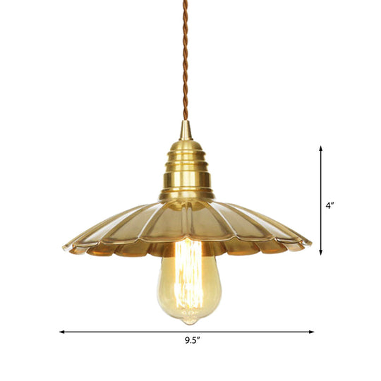 Mid-Century Brass Dining Table Pendant Light - 9.5/8 W 1 Bulb Amber Glass Shade