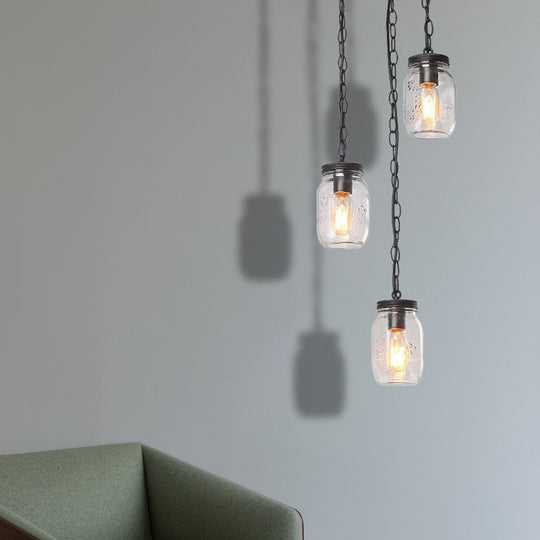 Industrial Black Jar Multi Pendant Light With Clear Glass - 3 Lights