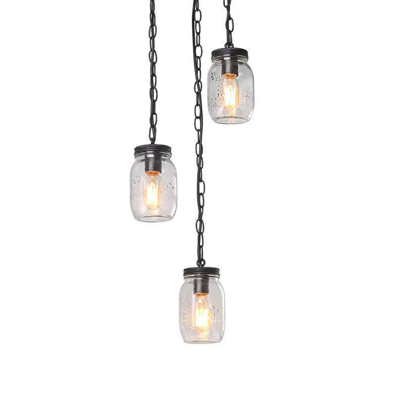 Industrial Black Jar Pendant Light Fixture with Clear Glass Shades - 3-Light Dining Room Hanging Lamp