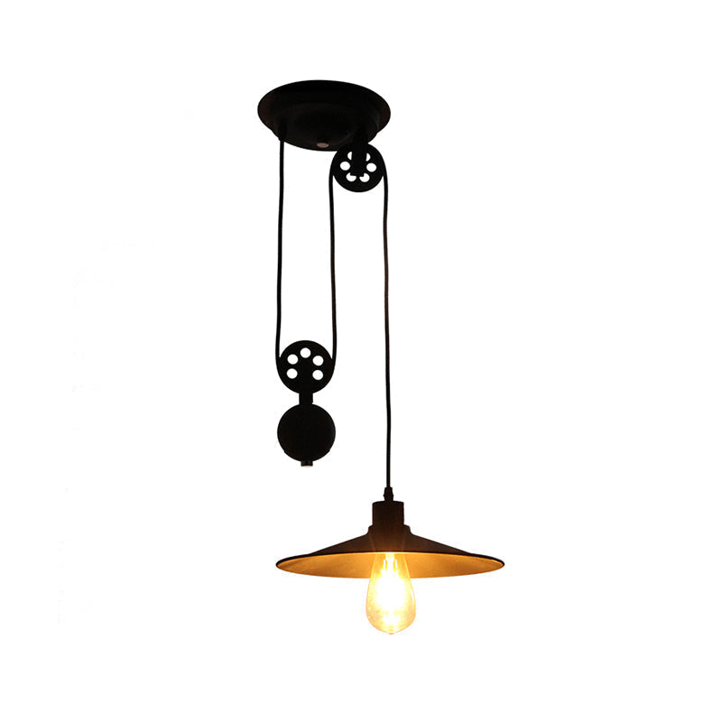 Farmhouse Style Black Metal Pendant Light With Pulley And Flared Shade For Indoor Use