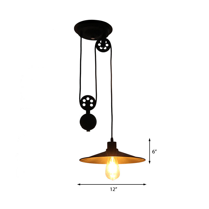 Farmhouse Style Black Metal Pendant Light With Pulley And Flared Shade For Indoor Use