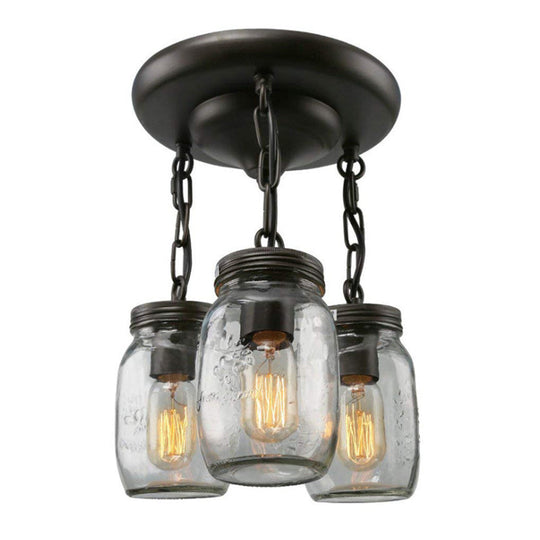 Etched Clear Glass Mason Jar Semi Flush Industrial Light Fixture - Ideal For Dining Room 3/5-Bulb