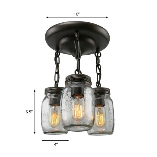 Etched Clear Glass Mason Jar Semi Flush Industrial Light Fixture - Ideal For Dining Room 3/5-Bulb