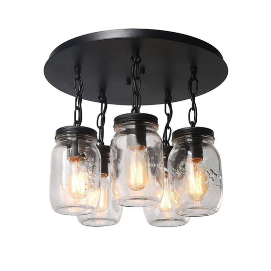 Etched Clear Glass Mason Jar Semi Flush Industrial Light Fixture - Ideal For Dining Room 3/5-Bulb