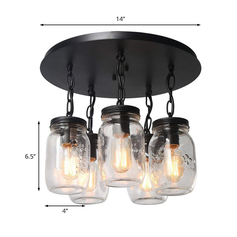 Etched Clear Glass Mason Jar Semi Flush Industrial Light Fixture - Ideal For Dining Room 3/5-Bulb