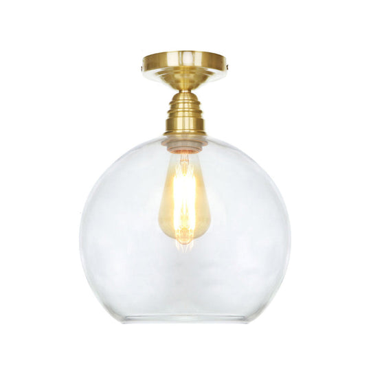 Spherical Brass Industrial Semi Flush Light: Clear/Amber Glass Ceiling Mount, 8"/10"/12" Wide