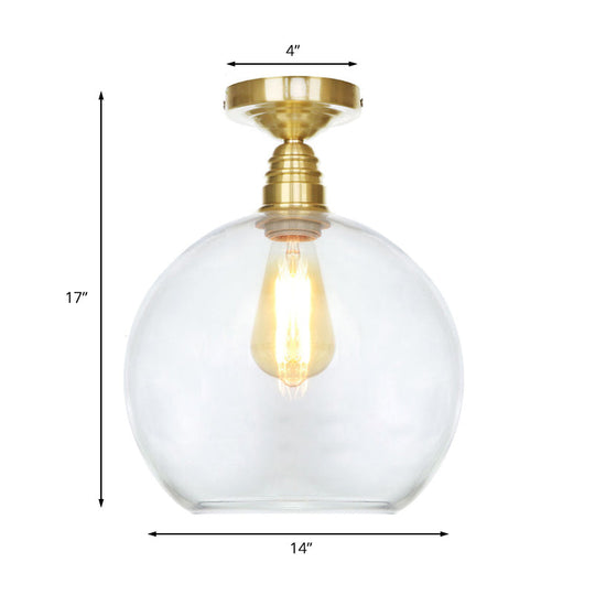 Spherical Brass Industrial Semi Flush Light: Clear/Amber Glass Ceiling Mount, 8"/10"/12" Wide