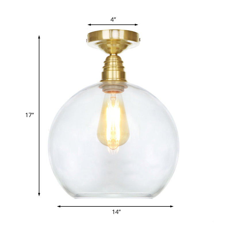 Spherical Brass Industrial Semi Flush Light: Clear/Amber Glass Ceiling Mount 8/10/12 Wide