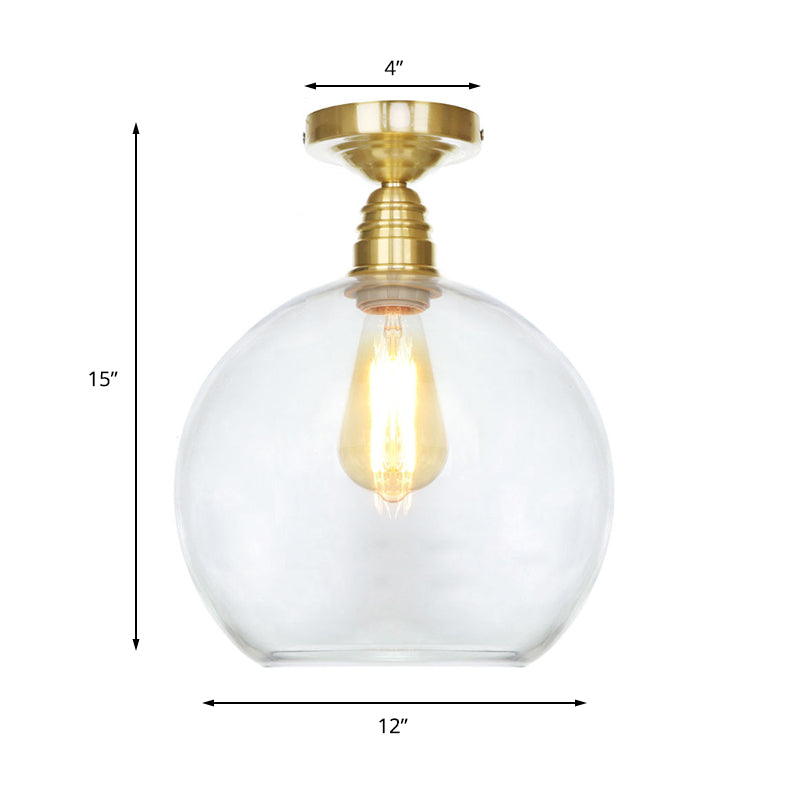 Spherical Brass Industrial Semi Flush Light: Clear/Amber Glass Ceiling Mount, 8"/10"/12" Wide