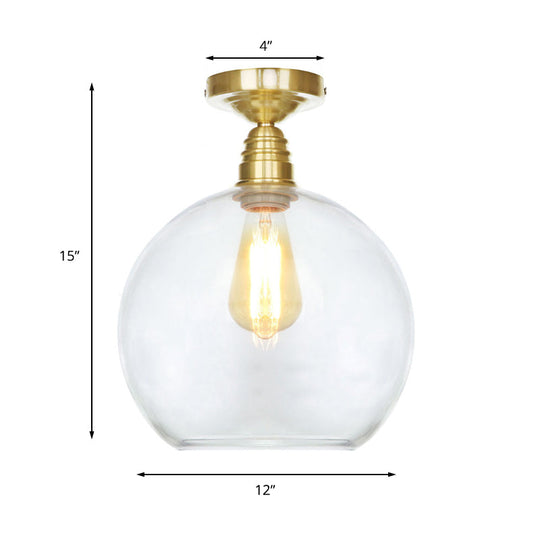 Spherical Brass Industrial Semi Flush Light: Clear/Amber Glass Ceiling Mount 8/10/12 Wide