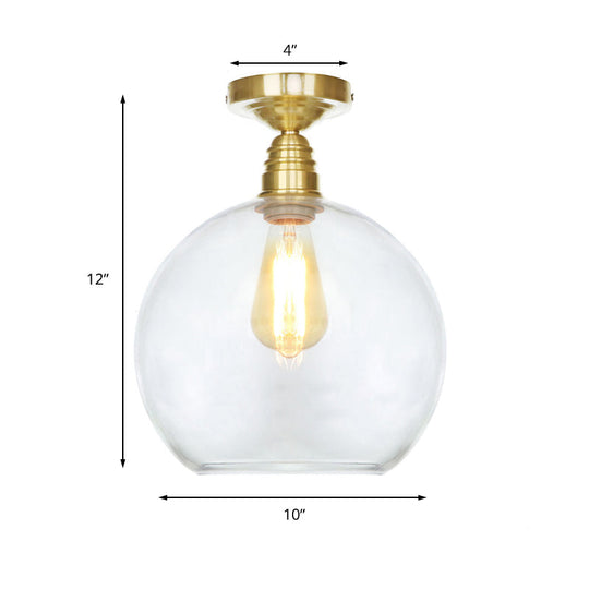 Spherical Brass Industrial Semi Flush Light: Clear/Amber Glass Ceiling Mount, 8"/10"/12" Wide