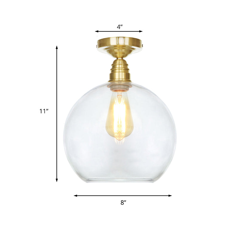 Spherical Brass Industrial Semi Flush Light: Clear/Amber Glass Ceiling Mount, 8"/10"/12" Wide