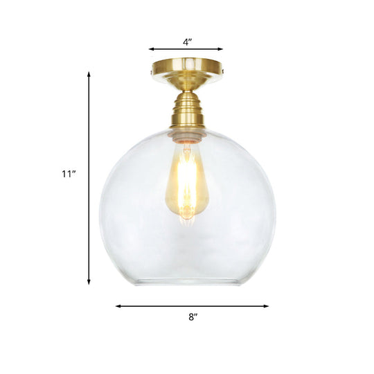 Spherical Brass Industrial Semi Flush Light: Clear/Amber Glass Ceiling Mount, 8"/10"/12" Wide