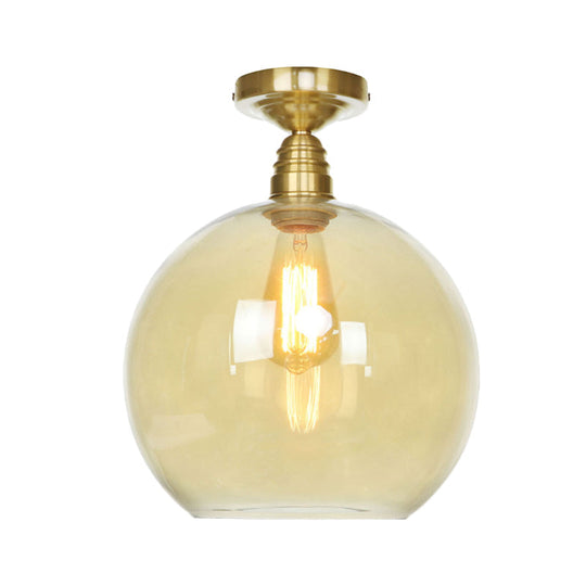 Spherical Brass Industrial Semi Flush Light: Clear/Amber Glass Ceiling Mount, 8"/10"/12" Wide