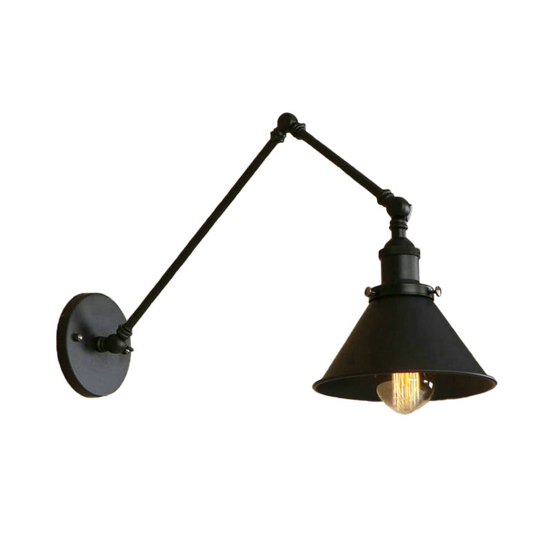 Retro Style Swing Arm Wall Lamp: 1-Head Sconce With Conic Shade Metal Indoor - Black