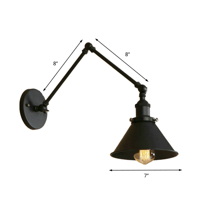 Retro Style Swing Arm Wall Lamp: 1-Head Sconce With Conic Shade Metal Indoor - Black